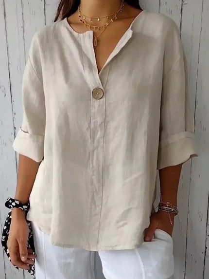 Elara™ – Blouse Femme en Lin Léger avec Col V Élégant et Bouton en Bois-1