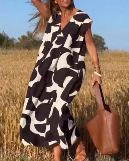 CamilleChic™ – Robe Femme Longue Élégante Col en V Tissu Doux et Respirant-1