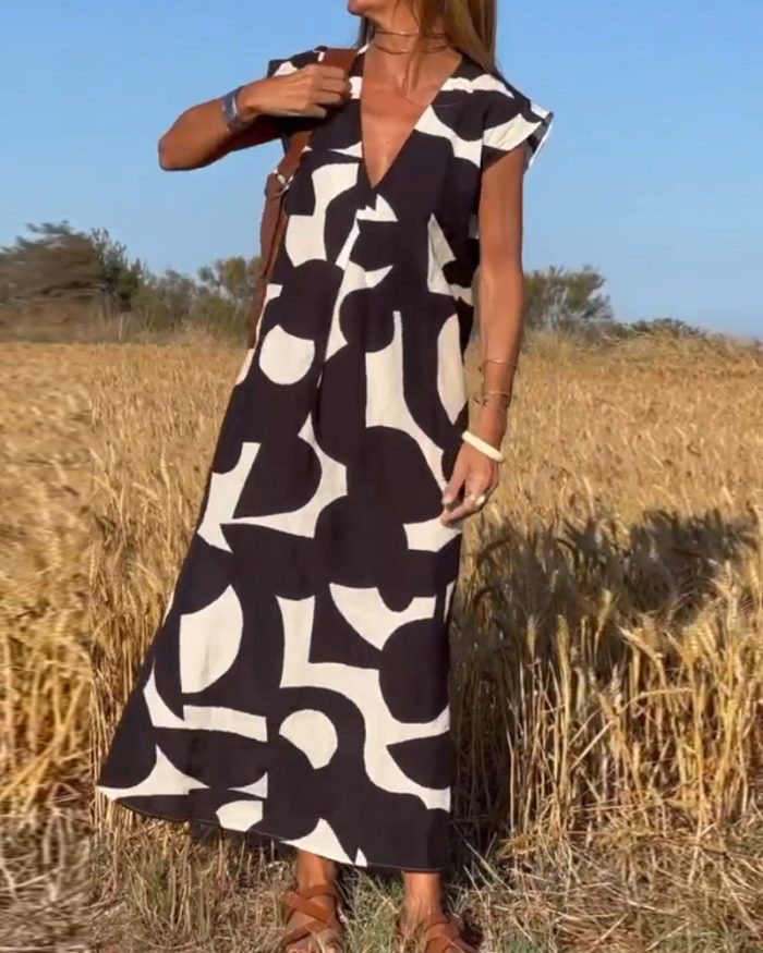 CamilleChic™ – Robe Femme Longue Élégante Col en V Tissu Doux et Respirant-3