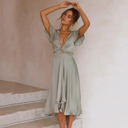 Natalia™ – Robe Midi Femme Chic avec Lien à l'Avant et Volants Rose-3