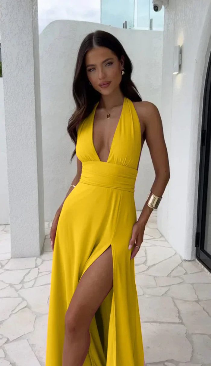 Madison™ – Robe Femme Longue Col en V Élégante et Polyvalente-5