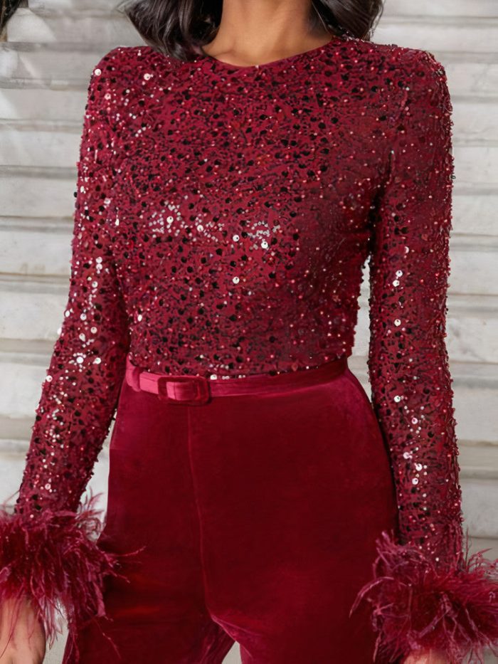 Sophia™ – Combinaison Femme Chic avec Paillettes et Plumes Élégantes-4