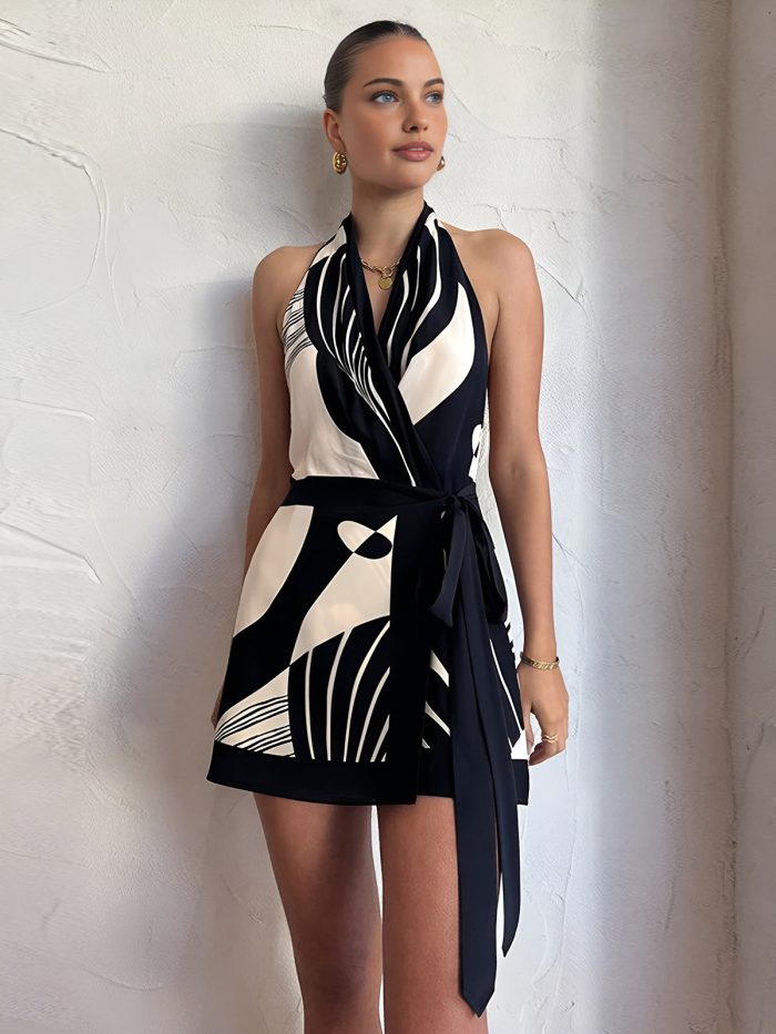 Variant image for Maëlis™ – Robe Femme Courte Élégante Imprimé Graphique Noir et Blanc-1