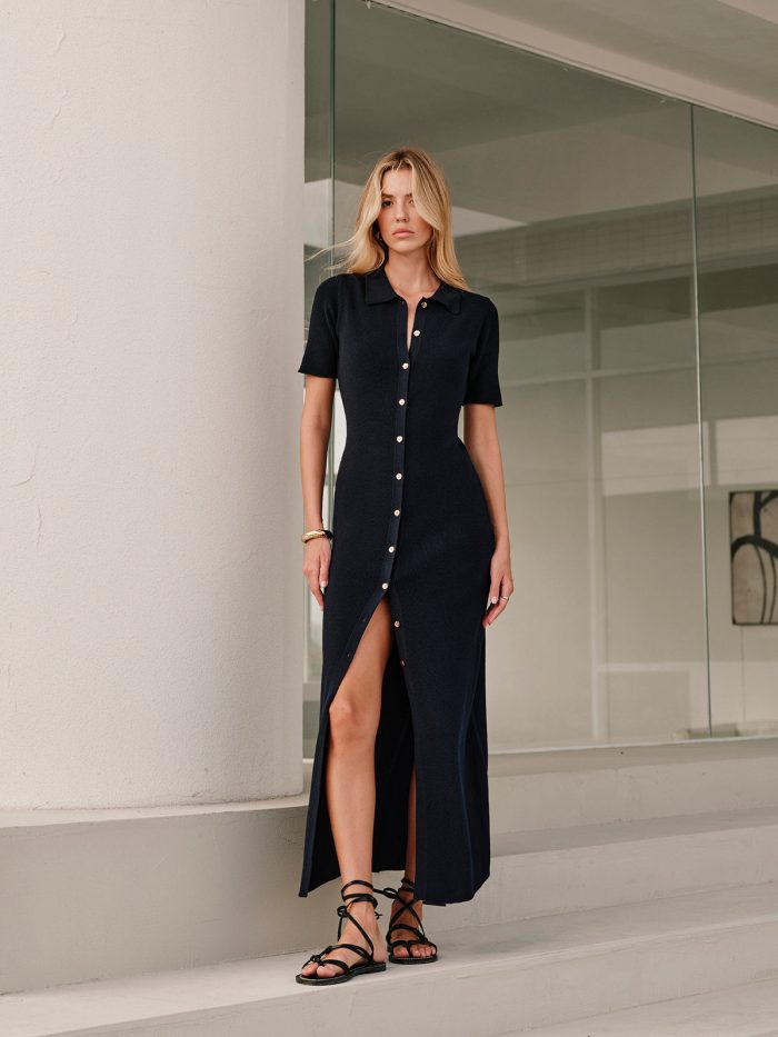Maélia™ – Robe Midi Femme Chic avec Détails Boutonnés Élégants-6