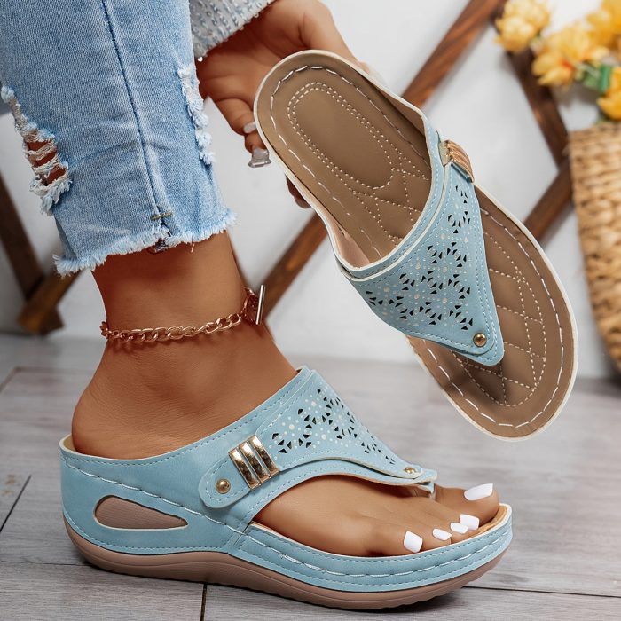 CuirConfort™ – Tongs Compensées Orthopédiques en Cuir pour Femme