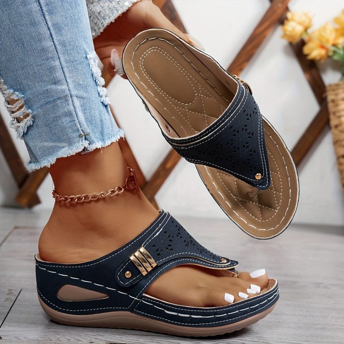 CuirConfort™ – Tongs Compensées Orthopédiques en Cuir pour Femme