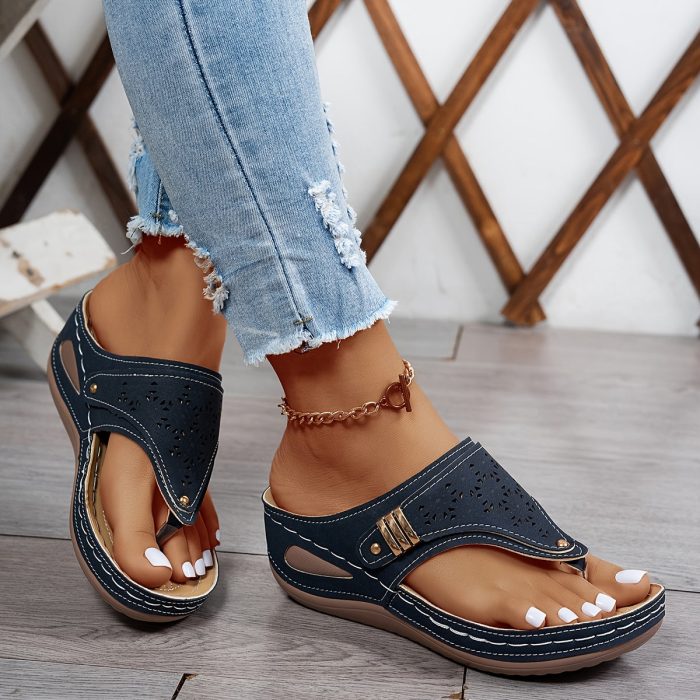 CuirConfort™ – Tongs Compensées Orthopédiques en Cuir pour Femme
