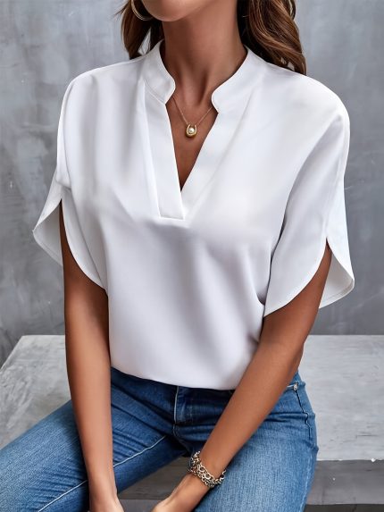 Layla™ – Blouse Femme Chic Col V Fendu Manches Fluides Confortable-2