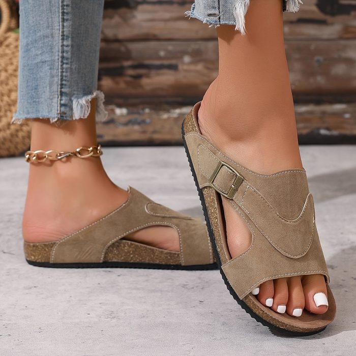 Liora™ – Sandale Femme Chic et Confortable en Liège, Plates & Réglables Été