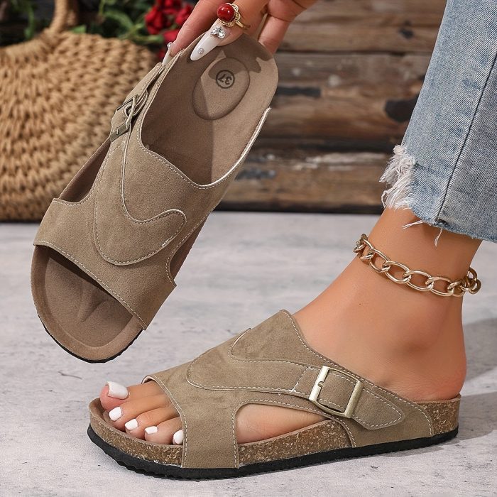Liora™ – Sandale Femme Chic et Confortable en Liège, Plates & Réglables Été
