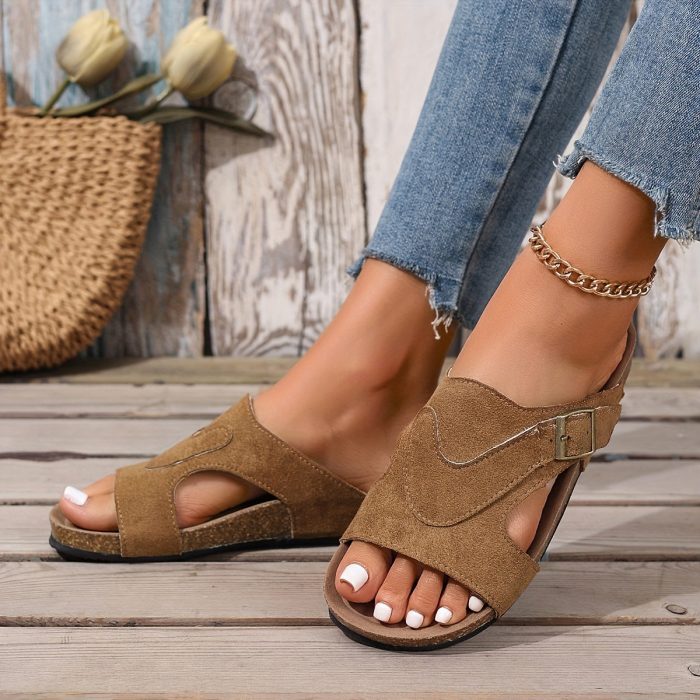 Liora™ – Sandale Femme Chic et Confortable en Liège, Plates & Réglables Été