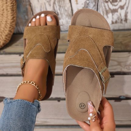 Liora™ – Sandale Femme Chic et Confortable en Liège, Plates & Réglables Été
