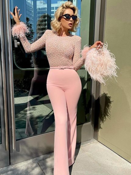 Sophia™ – Combinaison Femme Chic avec Paillettes et Plumes Élégantes-2