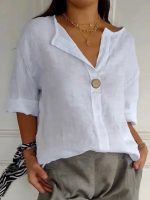 Elara™ – Blouse Femme en Lin Léger avec Col V Élégant et Bouton en Bois-4