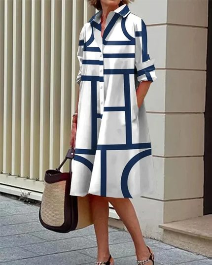Estelle™ – Robe Longue Femme Chic Imprimé Géométrique avec Poches-1