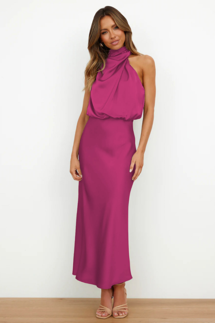 Margot™ – Robe Longue Femme en Satin Chic avec Col Drapé Élégant-6