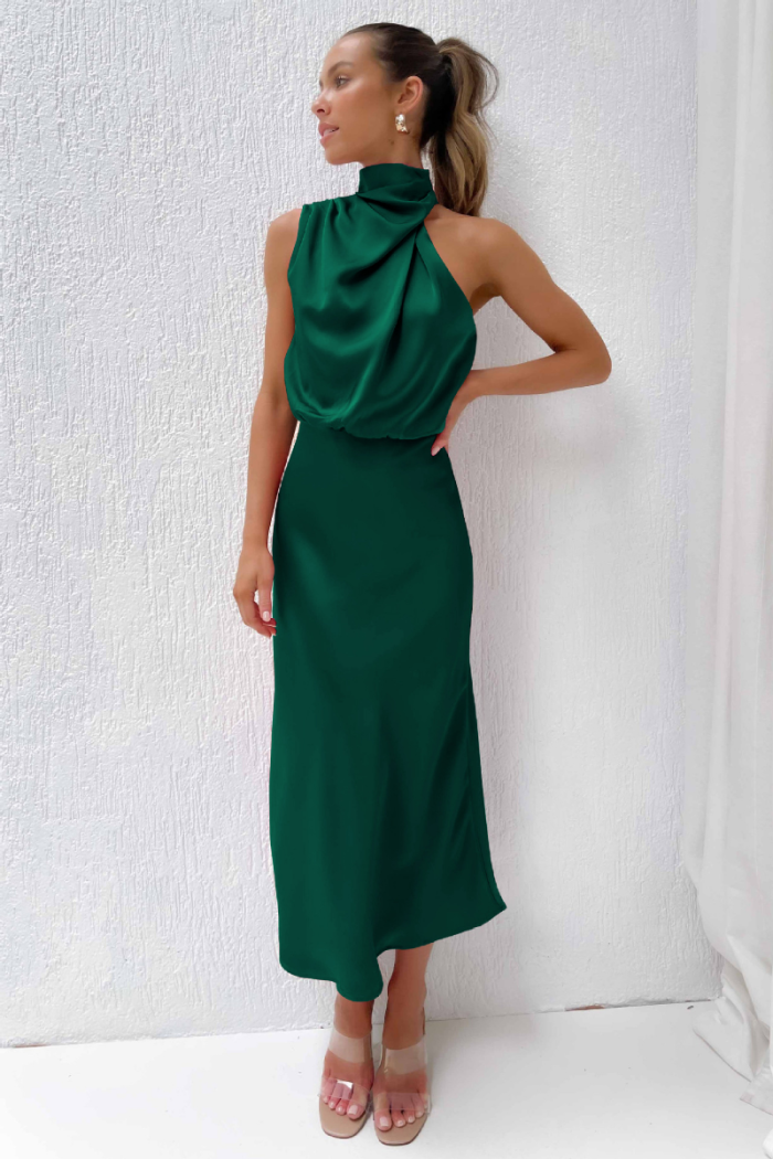 Margot™ – Robe Longue Femme en Satin Chic avec Col Drapé Élégant-2