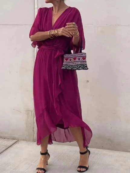 Monica™ – Robe Longue Femme en Mousseline de Soie Élégante Encolure en V-4