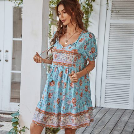 Variant image for ÉléganceFéminine™ – Robe Femme Mini A-Line Col en V avec Manches Bouffantes-9