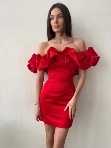 Madison™ – Robe Femme Satinée Élégante à Épaules Dénudées & Volants-1